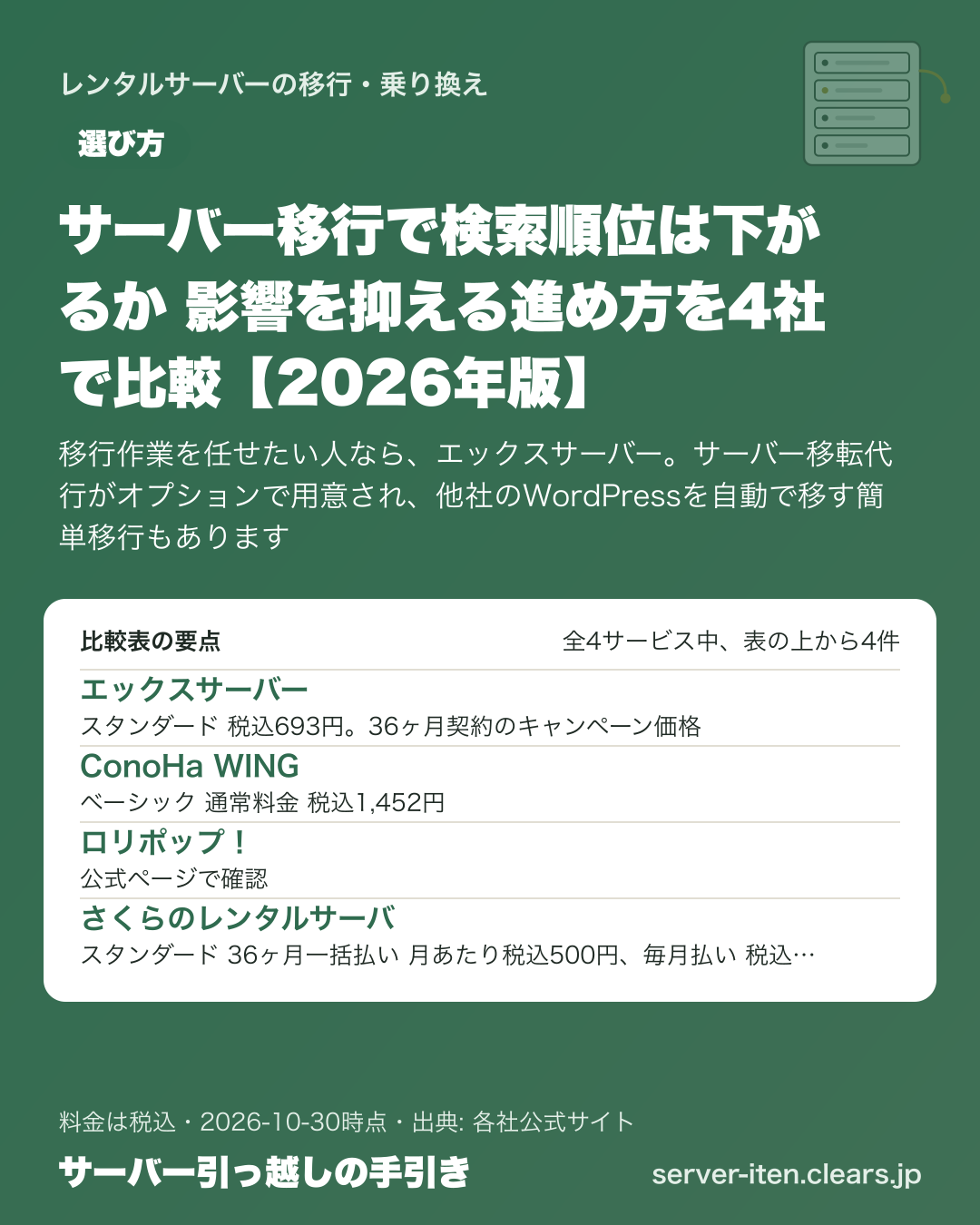 サーバー移行で検索順位は下がるか 影響を抑える進め方を4社で比較【2026年版】の比較表の要点